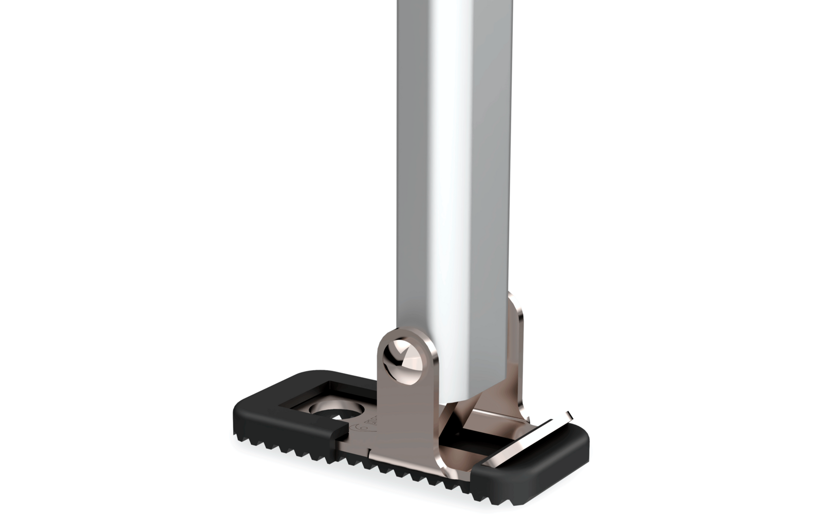 Vertikale Metallstange an einer rechteckigen Metallbefestigung mit schwarzen, gezackten Gummkanten