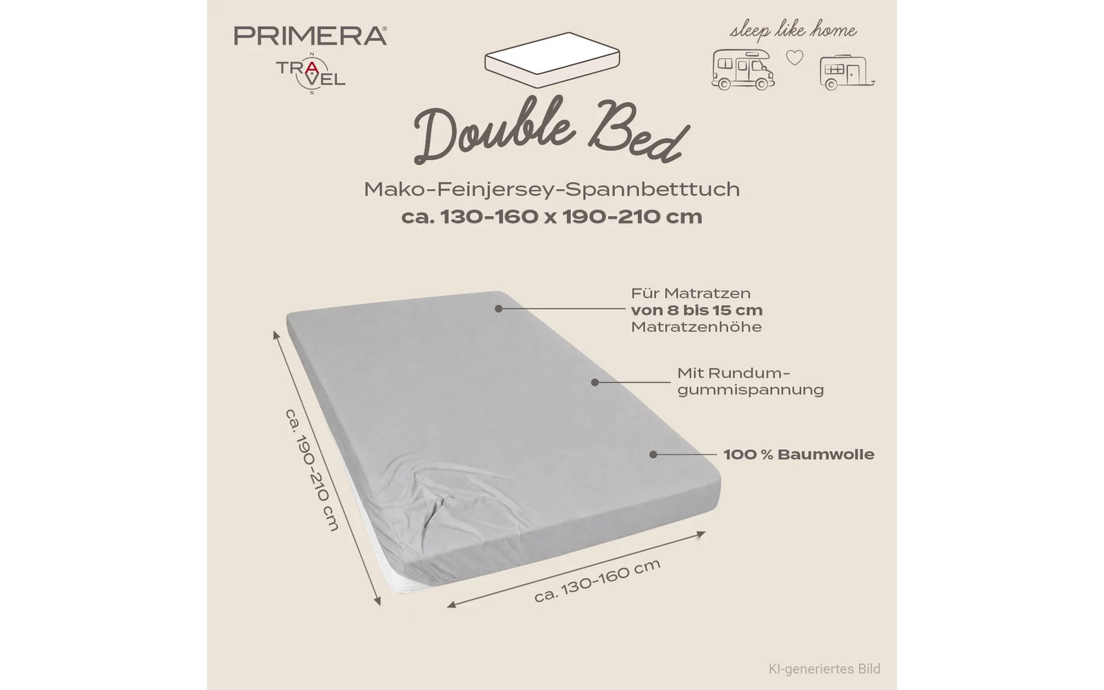 Beige achtergrond, grijs hoeslaken op matras; zichtbare tekst: 'Double Bed', 'Mako-fijnjersey hoeslaken ca. 130–160 x 190–210 cm'; aanduidingen: 'Voor matrassen van 8 tot 15 cm', 'Met rondom elastiek', '100% katoen'; logo's 'PRIMERA TRAVEL' en 'sleep like home', kleine tekst 'AI-gegenereerd beeld'