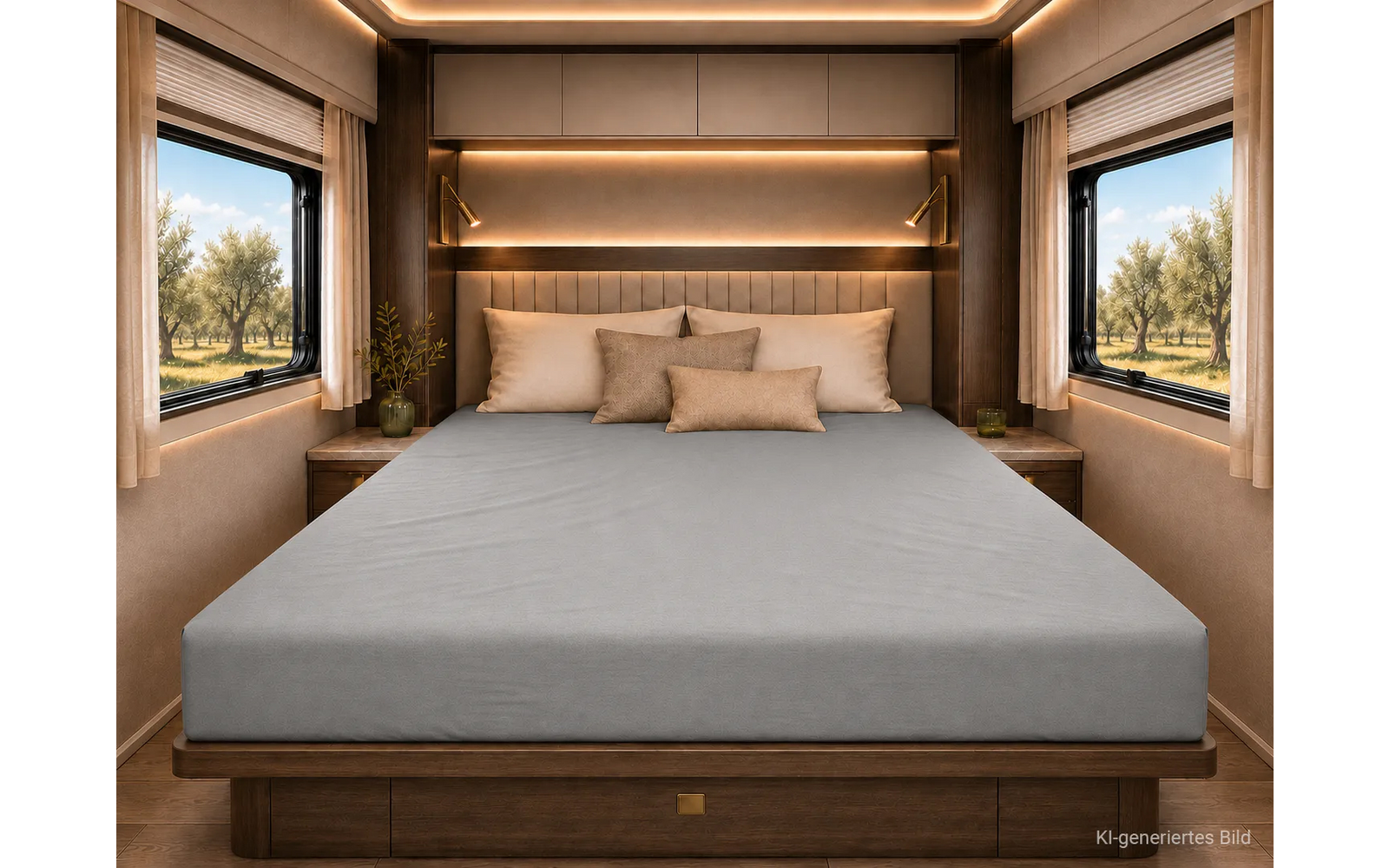 Slaapkamer met groot bed met grijs hoeslaken, drie beige kussens, donker houten hoofdeinde met LED-lichtstrips, twee zijramen met gordijnen en uitzicht op bomen, twee nachtkastjes met planten