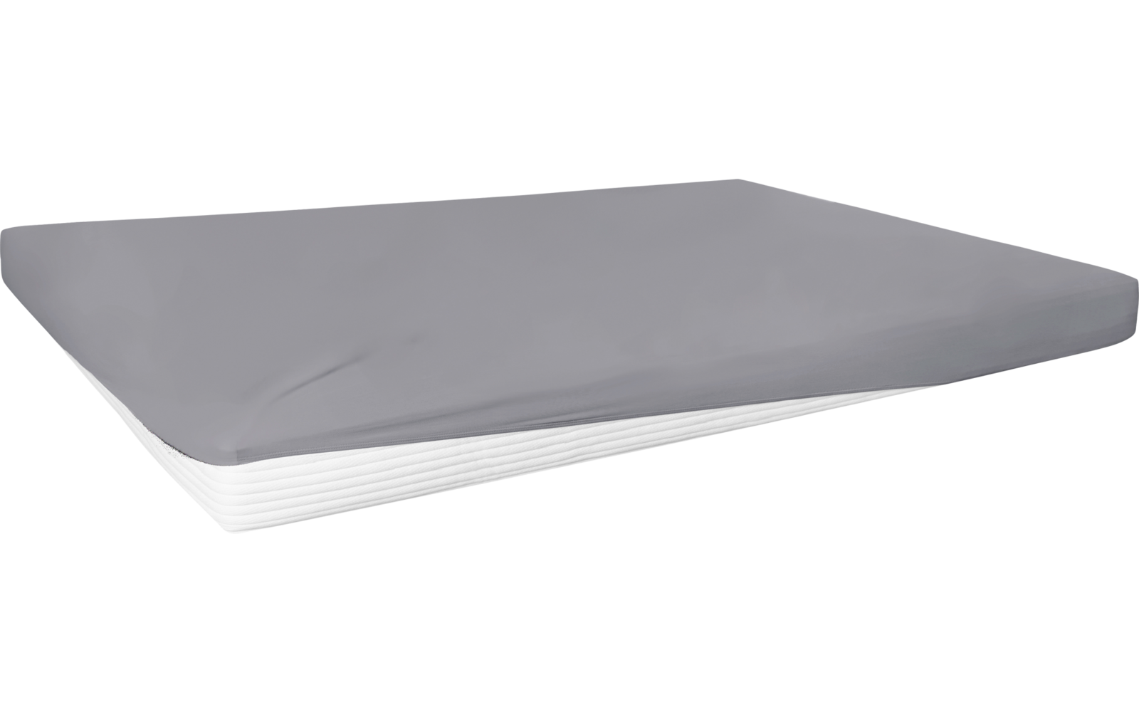 Rechthoekig matras met een grijze bovenlaag en witte zijkanten met horizontale lijnen, oppervlak licht gekreukt