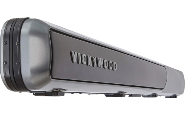 Langes graues Hartschalenetui mit abgerundeten Enden und mittig eingeprägtem Schriftzug "VICKYWOOD"