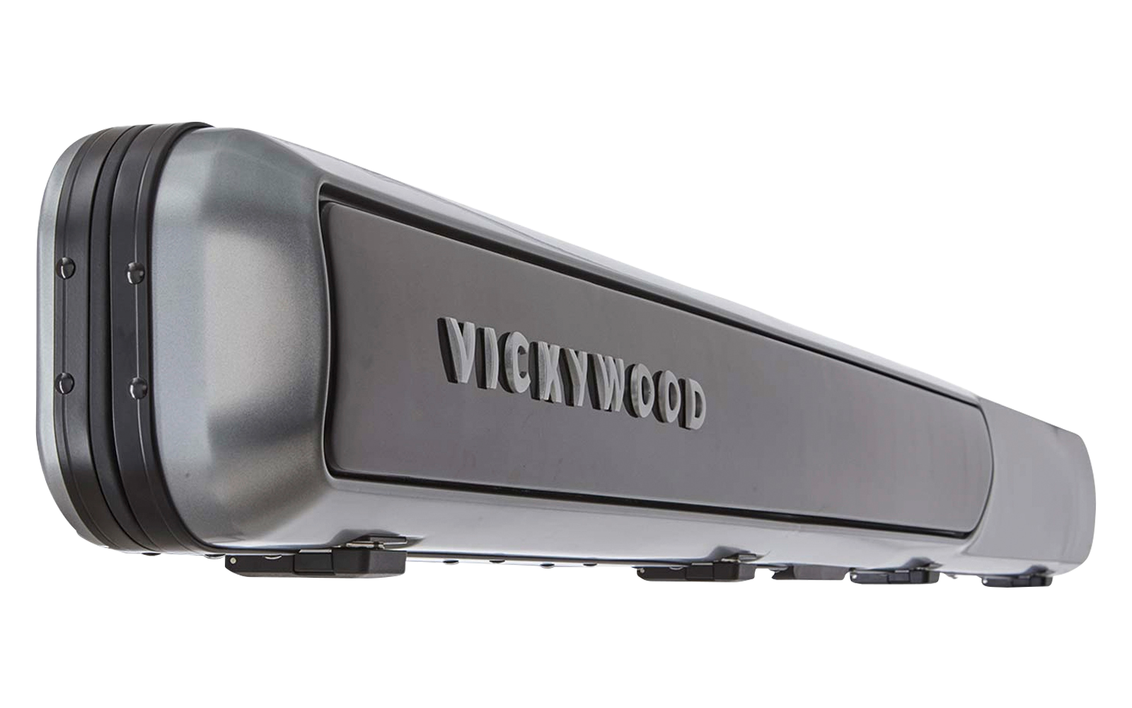Langes graues Hartschalenetui mit abgerundeten Enden und mittig eingeprägtem Schriftzug "VICKYWOOD"