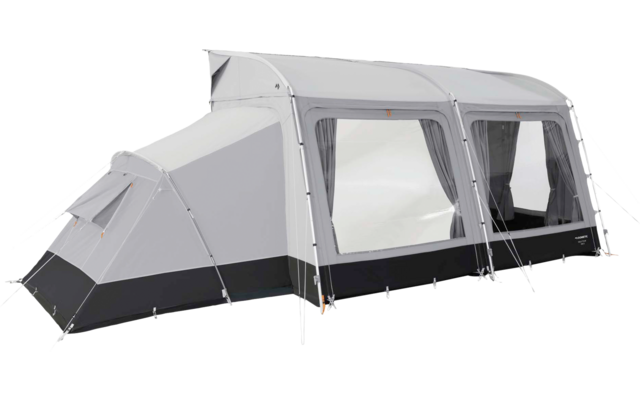 Großes hellgraues Tunnelzelt mit drei großen Fenstern, Vorzelt, Abspannleinen und Stangen