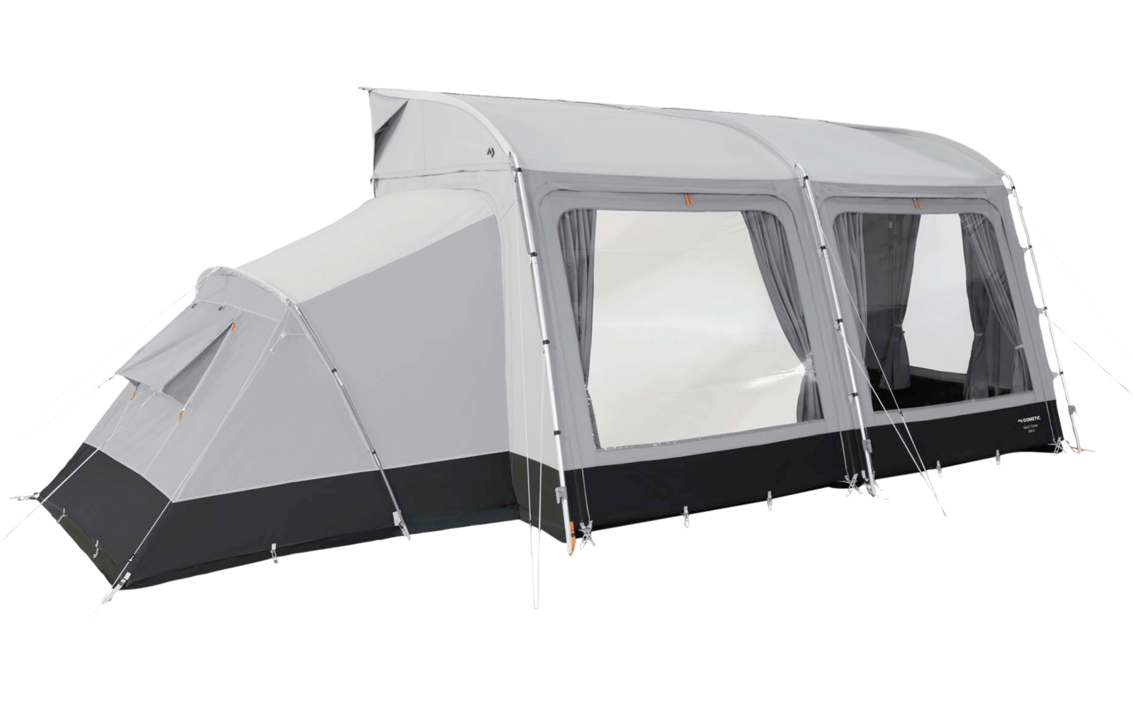 Großes hellgraues Tunnelzelt mit drei großen Fenstern, Vorzelt, Abspannleinen und Stangen