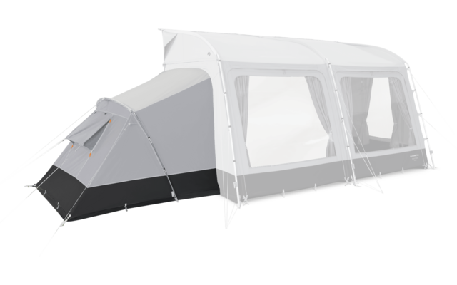 Large gray tent with three transparent front windows, a smaller side cabin, guy lines and a dark base