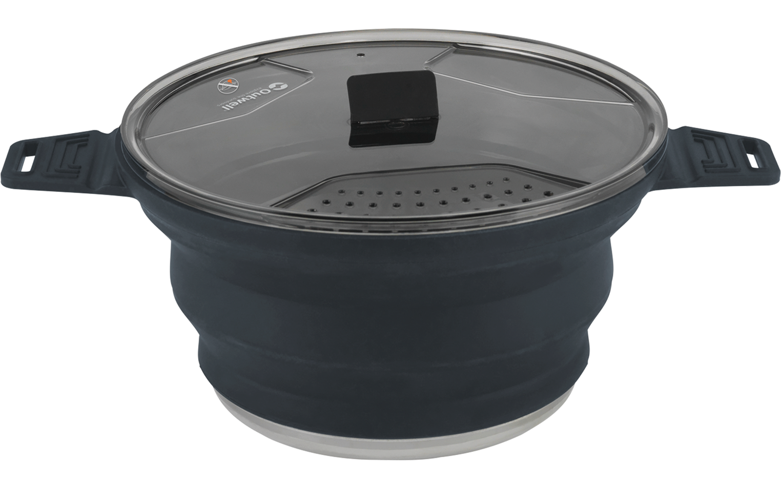 Inklapbare grijze siliconen kom met deksel en groene handgreep