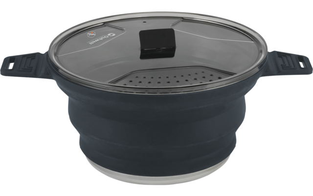 Inklapbare grijze siliconen kom met deksel en groene handgreep