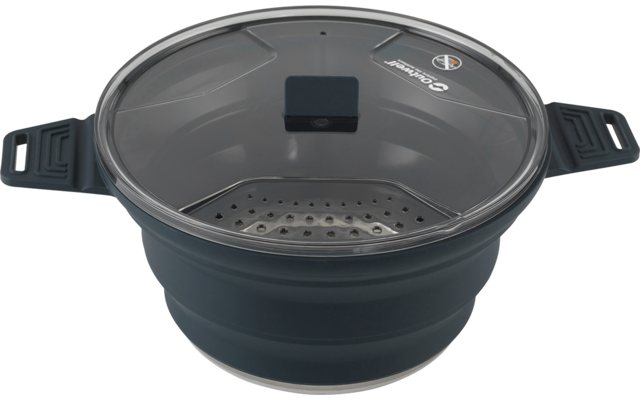 Zwart opvouwbaar siliconen vergiet met handgrepen en doorzichtige deksel