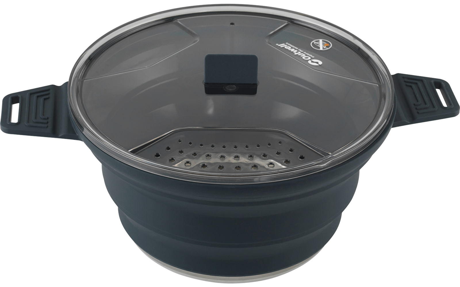 Zwart opvouwbaar siliconen vergiet met handgrepen en doorzichtige deksel