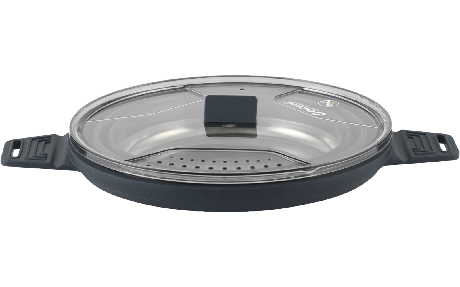 Zilverkleurige ronde pizzasteen met handvat