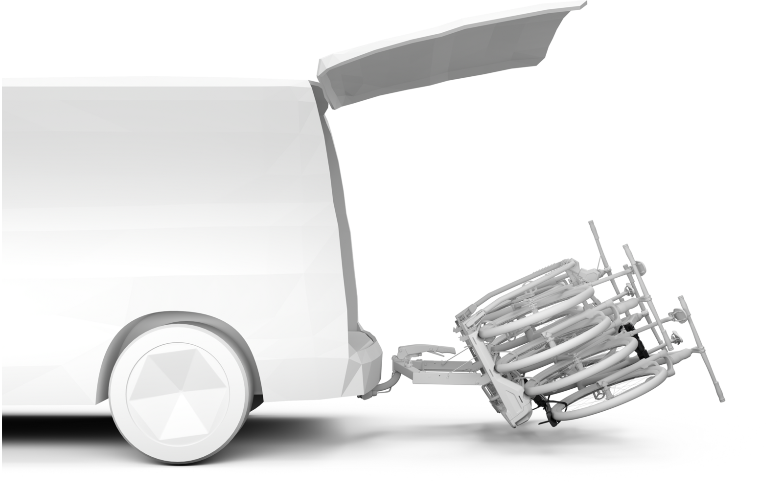 Weißer Transporter von hinten, geöffnete Hecktür, an der Anhängerkupplung befestigter Träger mit zwei zusammengeklappten Rollstühlen