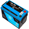 Batterie de voiture bleue et noire avec étiquette et borne positive rouge