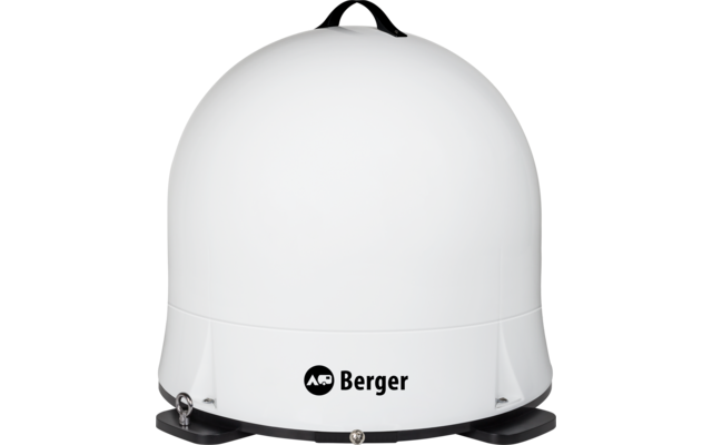 Weiße kuppelförmige Haube auf schwarzem Sockel mit Tragegriff oben und schwarzem "Berger"-Logo vorn