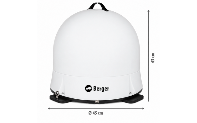 Weiße kuppelartige Form auf schwarzer Basis, Tragegriff oben, 'Berger'-Logo; Pfeile mit Maßen 'Ø 45 cm' und '43 cm'