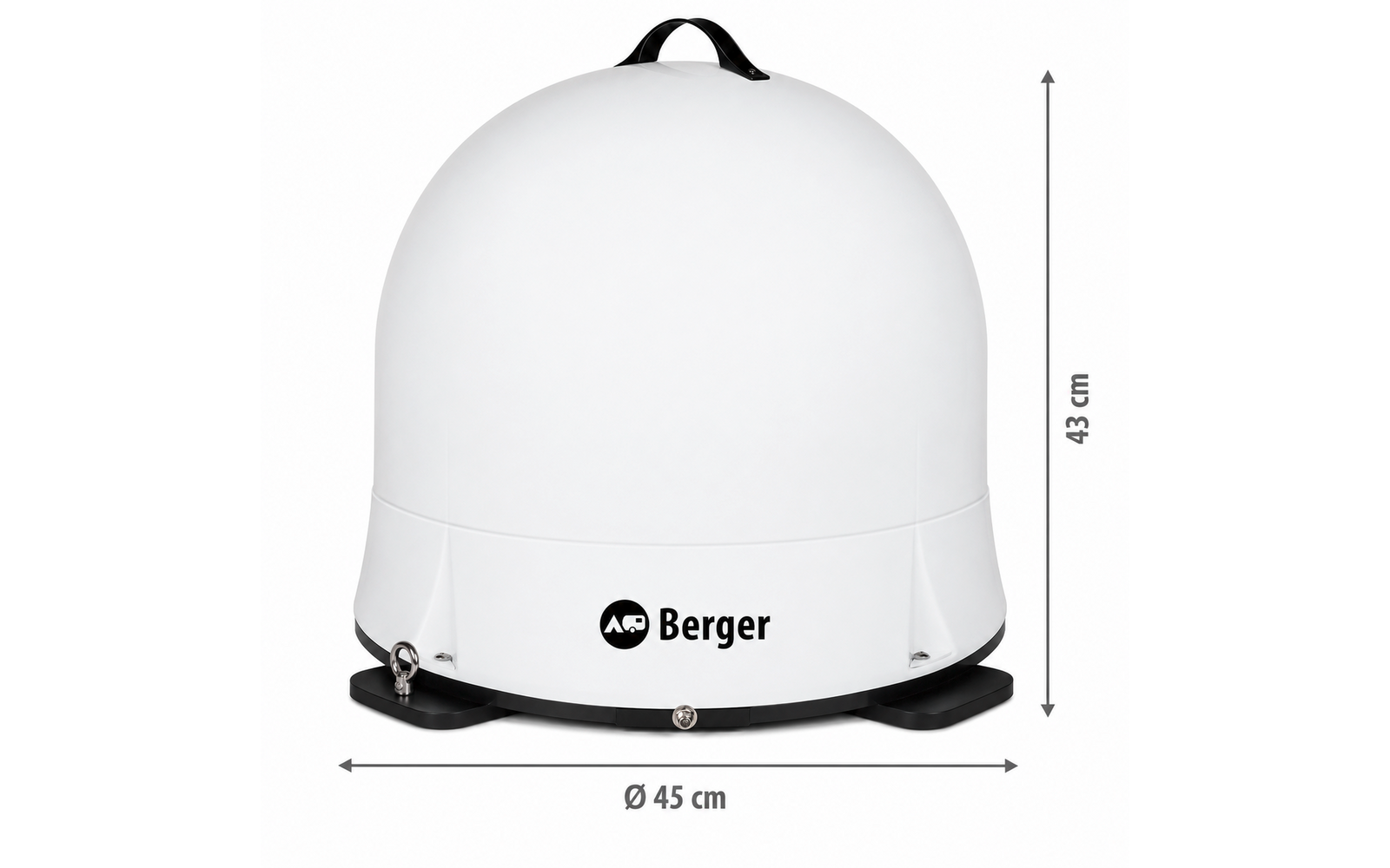 Weiße kuppelartige Form auf schwarzer Basis, Tragegriff oben, 'Berger'-Logo; Pfeile mit Maßen 'Ø 45 cm' und '43 cm'