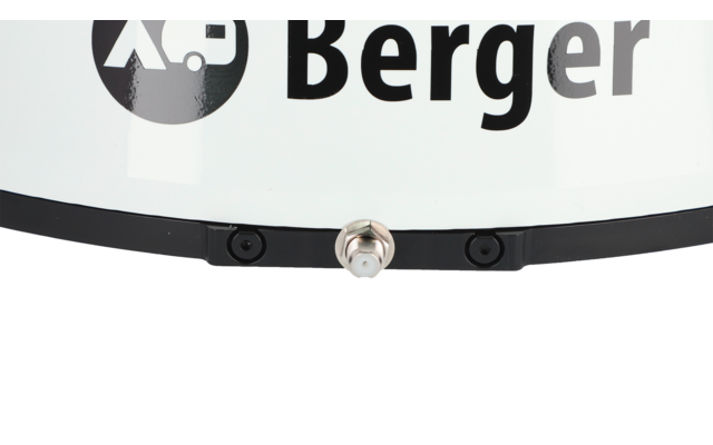Weiße gewölbte Oberfläche mit teilweisem Schriftzug "Berger" und rundem Logo links; darunter schwarzer Rand mit mittigem metallischem Anschluss und zwei schwarzen Schrauben