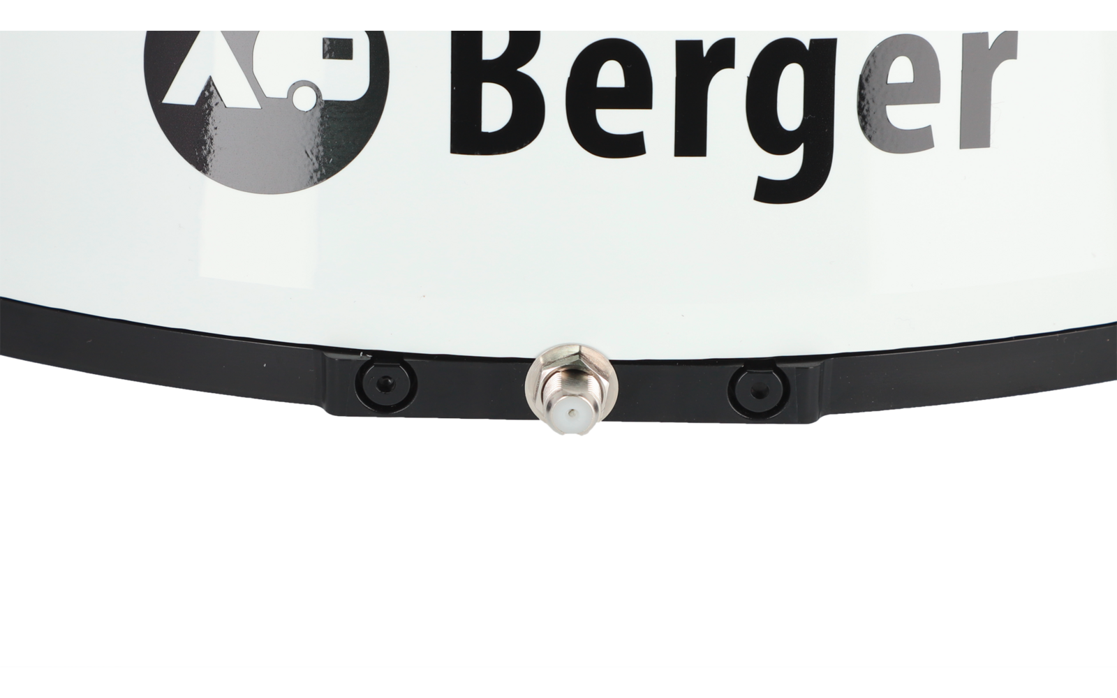 Weiße gewölbte Oberfläche mit teilweisem Schriftzug "Berger" und rundem Logo links; darunter schwarzer Rand mit mittigem metallischem Anschluss und zwei schwarzen Schrauben