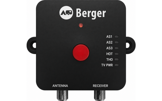 Schwarzes quadratisches Gerät mit abgerundeten Ecken, mittigem roten Druckknopf, zwei Metallkabelanschlüssen unten mit den Beschriftungen 'ANTENNA' und 'RECEIVER', rechts kleinen Markierungen mit 'AS1 AS2 AS3 HOT THO TV PWR' und oben weißem Logo mit 