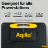 Drie verschillende duurzame batterijen met hun modelnamen en het Aqila-logo