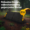 Een zwart, stevig apparaat met gele accenten liggend op een grijs oppervlak. Het toont de tekst 'Robuust ontwerp, bestand tegen alle weersomstandigheden' en een geel symbool met de tekst 'IP65'