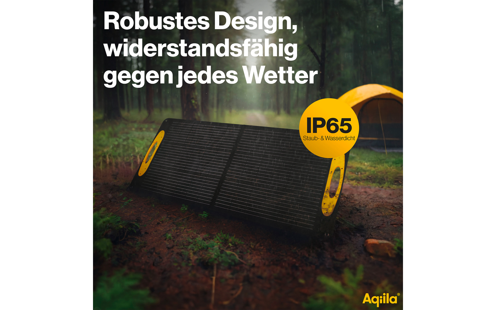Een zwart, stevig apparaat met gele accenten liggend op een grijs oppervlak. Het toont de tekst 'Robuust ontwerp, bestand tegen alle weersomstandigheden' en een geel symbool met de tekst 'IP65'