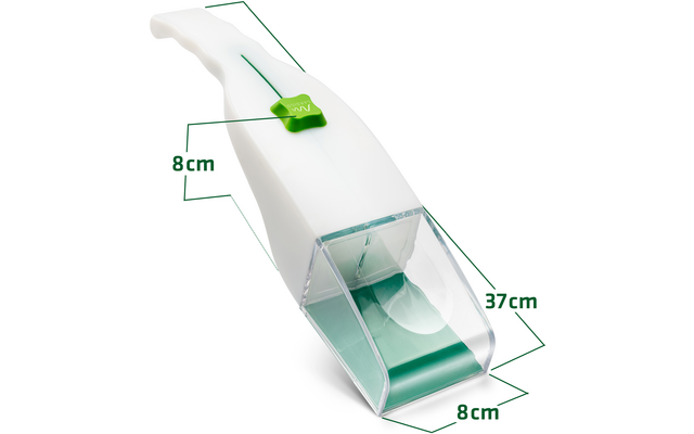 Weißes Handwerkzeug mit transparentem Auffangbehälter und Maßen 37 cm Länge, 8 cm Breite, 8 cm Höhe
