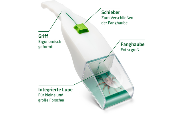 Weißes Lupenwerkzeug mit Griff, Schieber, Fanghaube und integrierter Lupe