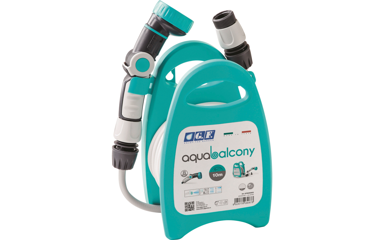 Boîte à tuyau turquoise avec poignée, tuyau blanc enroulé et lance de pulvérisation grise attachée sur fond blanc