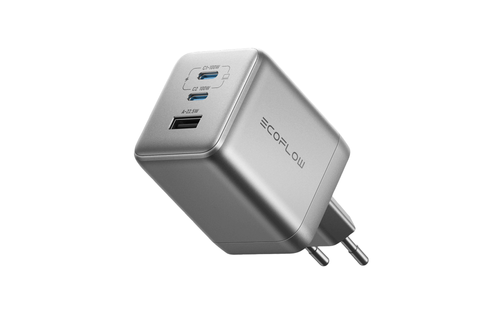 Zilveren USB oplader met twee USB-poorten en stekker