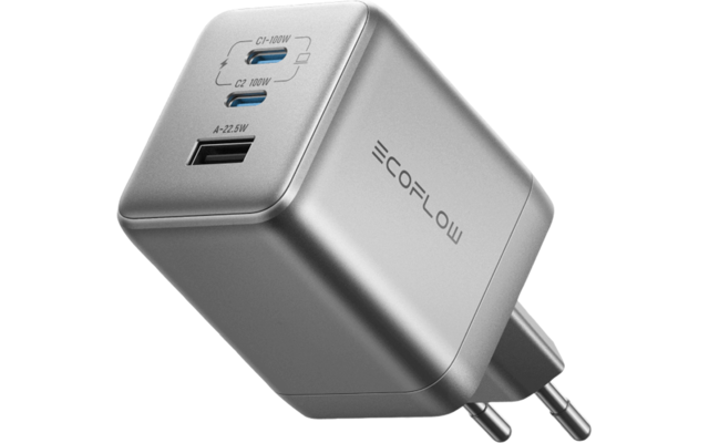 Zilveren USB oplader met twee USB-poorten en stekker