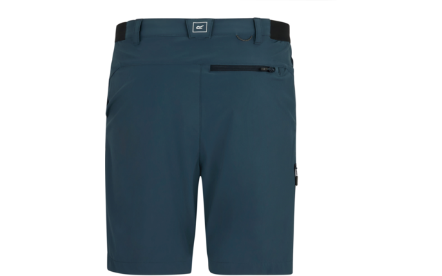 Dunkelpetrolfarbene knielange Shorts mit elastischem Bund, Logopatch an der Taille, seitlicher Reißverschlusstasche und Gürtelschlaufen