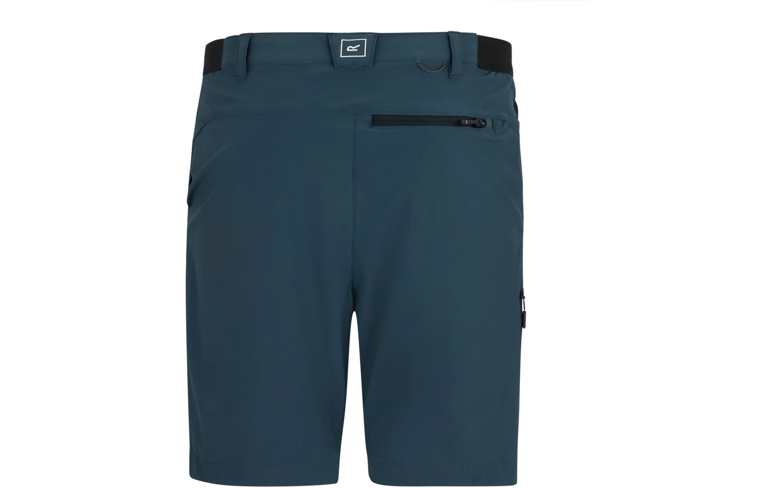 Dunkelpetrolfarbene knielange Shorts mit elastischem Bund, Logopatch an der Taille, seitlicher Reißverschlusstasche und Gürtelschlaufen