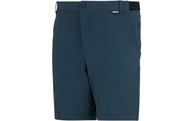 Dunkelblaue kurze Shorts mit Knopfverschluss, Gürtelschlaufen, seitlichen Eingrifftaschen und kleinem Logoetikett an der rechten Taille