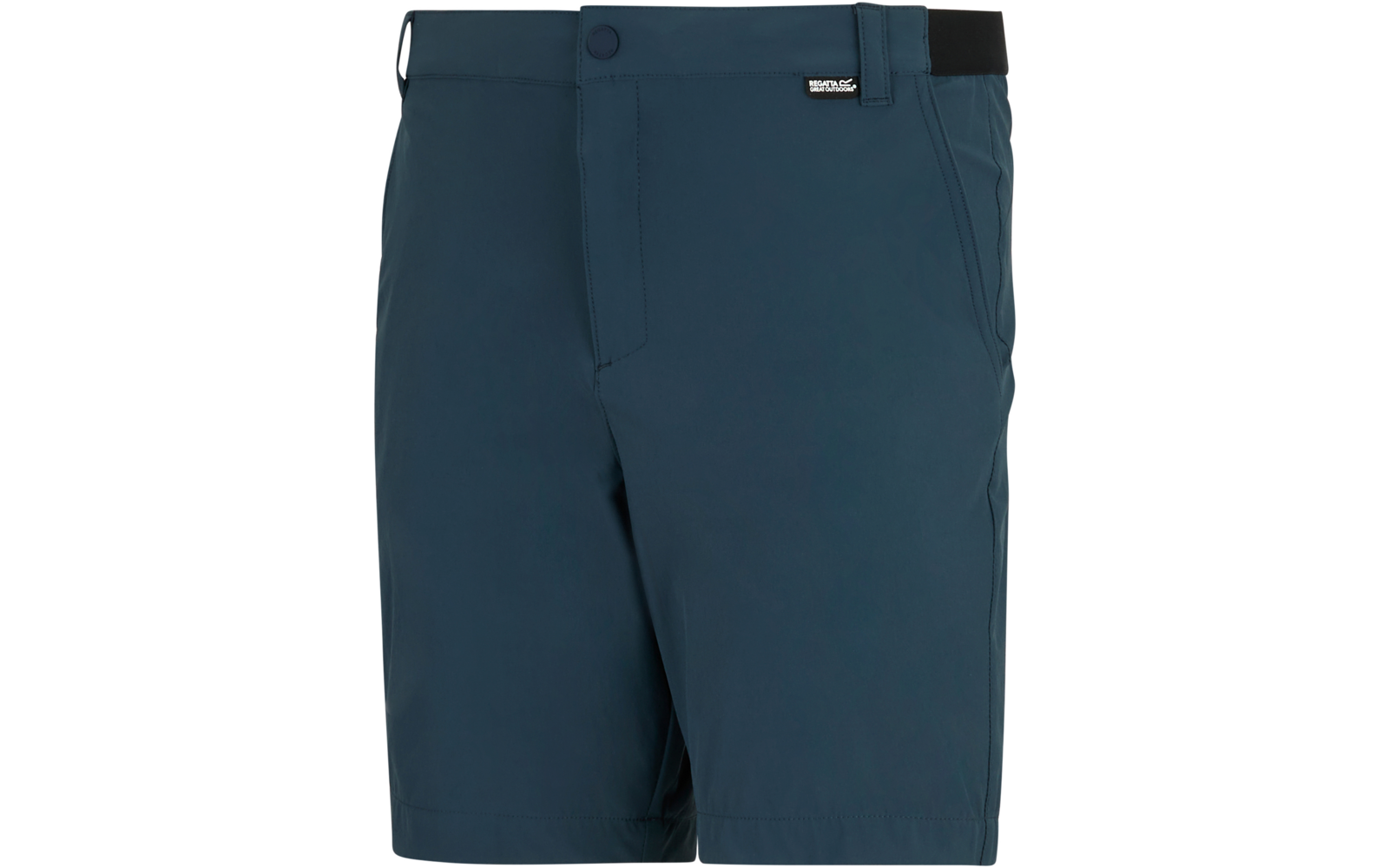 Dunkelblaue kurze Shorts mit Knopfverschluss, Gürtelschlaufen, seitlichen Eingrifftaschen und kleinem Logoetikett an der rechten Taille