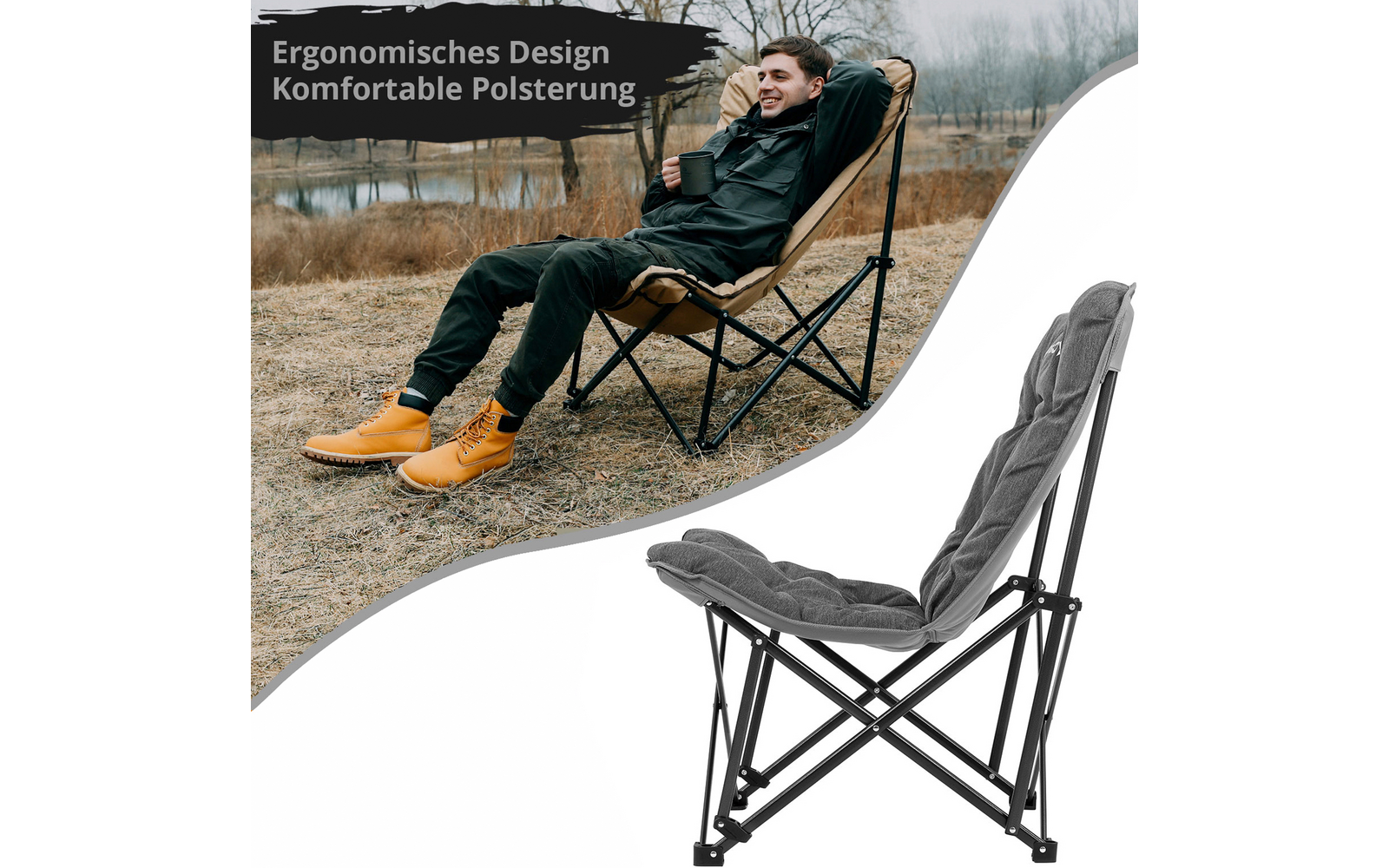 Person sitzt entspannt auf einem klappbaren, ergonomisch gestalteten Stuhl im Freien, daneben ein Bild des Stuhls allein