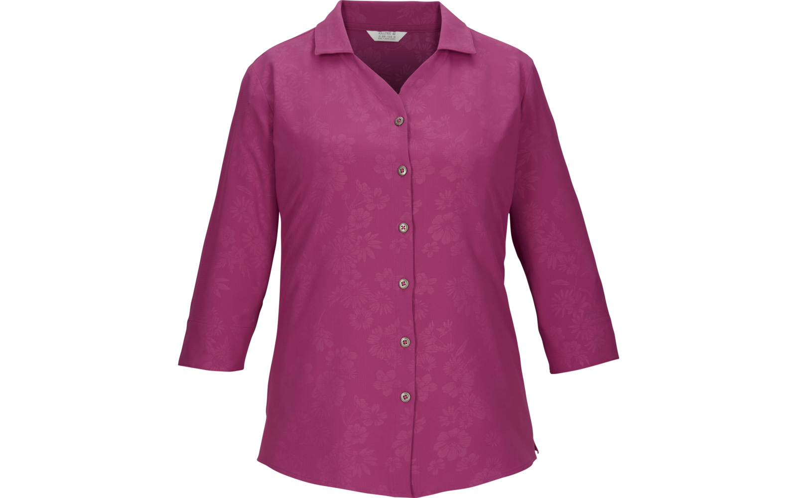 Blusa magenta abotonada con cuello de solapa, mangas tres cuartos y motivo floral tono sobre tono discreto