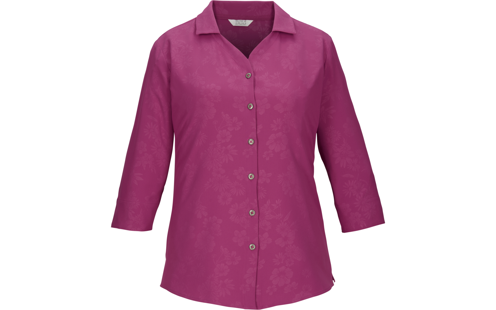 Magenta-farbene, knöpfbare Bluse mit Reverskragen, drei Viertel Ärmeln und dezentem Ton-in-Ton-Blumenmuster