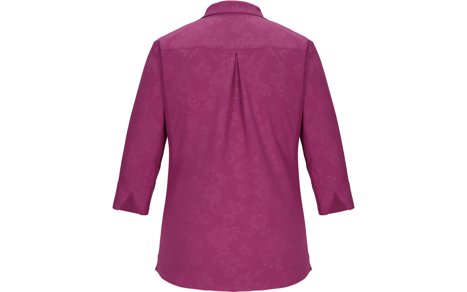 Rückenansicht einer magentafarbenen Bluse mit 3/4-Ärmeln, Umlegekragen, Mittelnahtfalte und dezentem floralen Muster