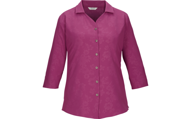 Blusa magenta abotonada con cuello de solapa, mangas tres cuartos y motivo floral tono sobre tono discreto