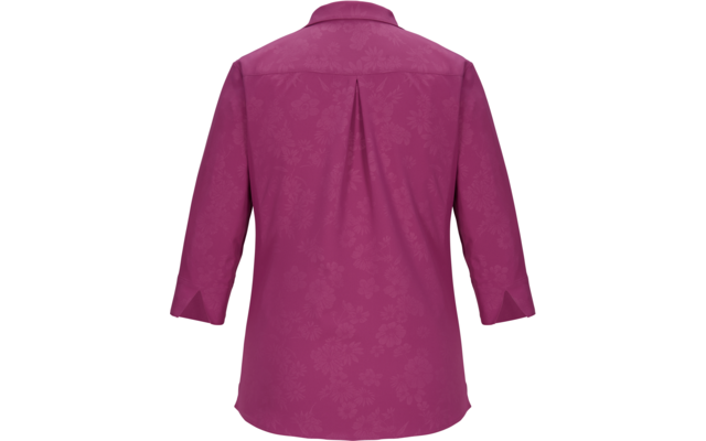 Rückenansicht einer magentafarbenen Bluse mit 3/4-Ärmeln, Umlegekragen, Mittelnahtfalte und dezentem floralen Muster