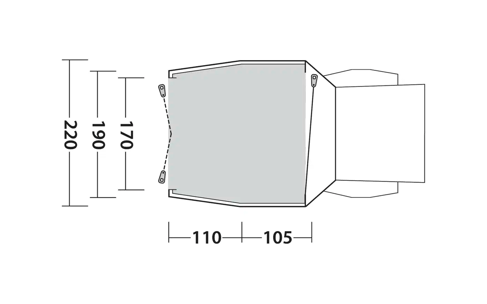 Technisches Schnittbild mit Maßen eines rechteckigen Behälters mit Deckel