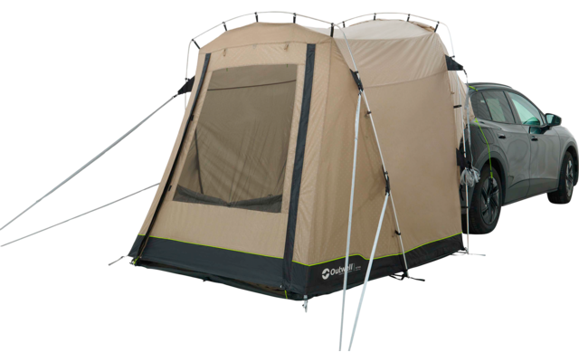Beiges Zelt mit Fenster, Metallstangen und Abspannleinen an der rechten Seite eines grünen SUV vor weißem Hintergrund
