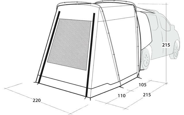 Vorzelt mit gebogenen Gestängebögen und großem Frontfenster, am Heck eines Autos angebracht