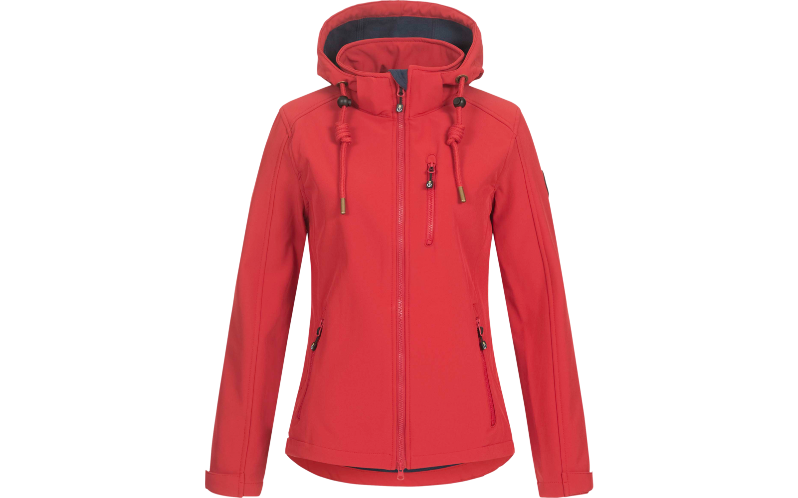 Rote Kapuzenjacke frontal, durchgehender Reißverschluss, zwei seitliche Reißverschlusstaschen, Brusttasche mit Reißverschluss, Kordelzug an der Kapuze, verstellbare Ärmelbündchen