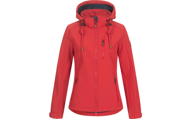 Rote Kapuzenjacke frontal, durchgehender Reißverschluss, zwei seitliche Reißverschlusstaschen, Brusttasche mit Reißverschluss, Kordelzug an der Kapuze, verstellbare Ärmelbündchen