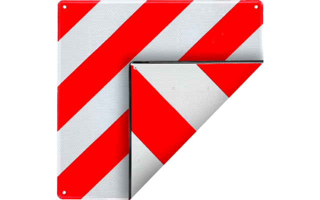 Quadratisches weißes Schild mit roten diagonalen Streifen, umgeklappter unterer rechter Ecke und Metallnieten an den Ecken