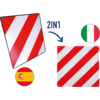 Zwei quadratische Platten mit roten und weißen diagonalen Streifen, eine gedreht, dazwischen ein Pfeil mit dem Text "2IN1", rechts oben ein runder italienischer Flaggenkreis, links unten ein runder spanischer Flaggenkreis