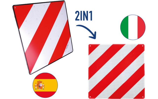 Zwei quadratische Platten mit roten und weißen diagonalen Streifen, eine gedreht, dazwischen ein Pfeil mit dem Text "2IN1", rechts oben ein runder italienischer Flaggenkreis, links unten ein runder spanischer Flaggenkreis
