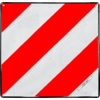 Quadratisches Schild mit roten und weißen Diagonalstreifen, vier kleinen runden Befestigungsöffnungen in den Ecken und kleinem weißen rechteckigen Aufkleber unten rechts