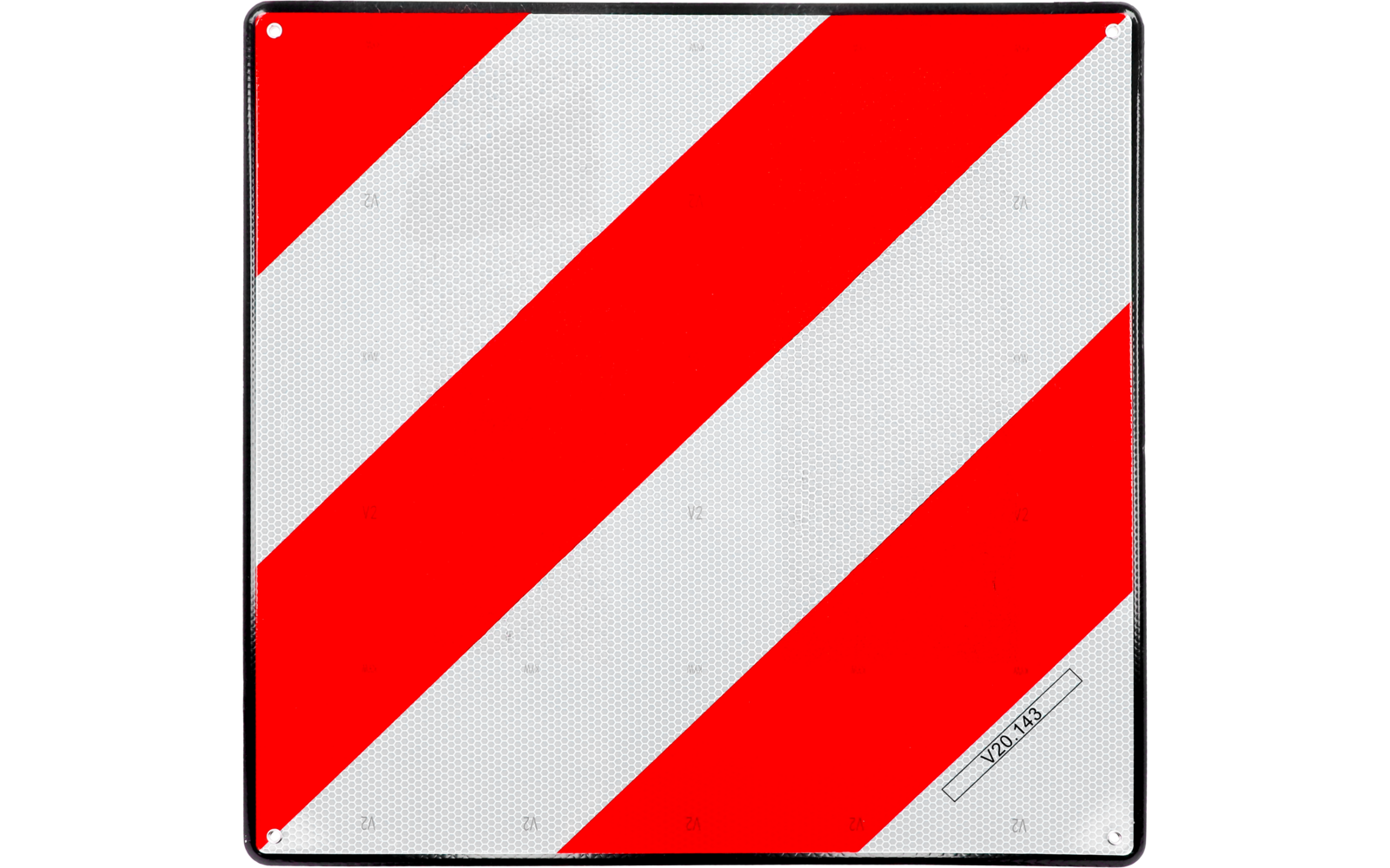 Quadratisches Schild mit roten und weißen Diagonalstreifen, vier kleinen runden Befestigungsöffnungen in den Ecken und kleinem weißen rechteckigen Aufkleber unten rechts